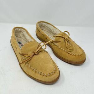 Minnetonka Genuine Leather Tan Faux Fur Lining Loafers Size 10